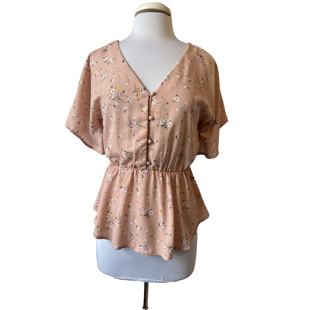 Sienna Sky Women’s S Fairy Floral Soft Pink Peplum Blouse Romantic Boho Cottage